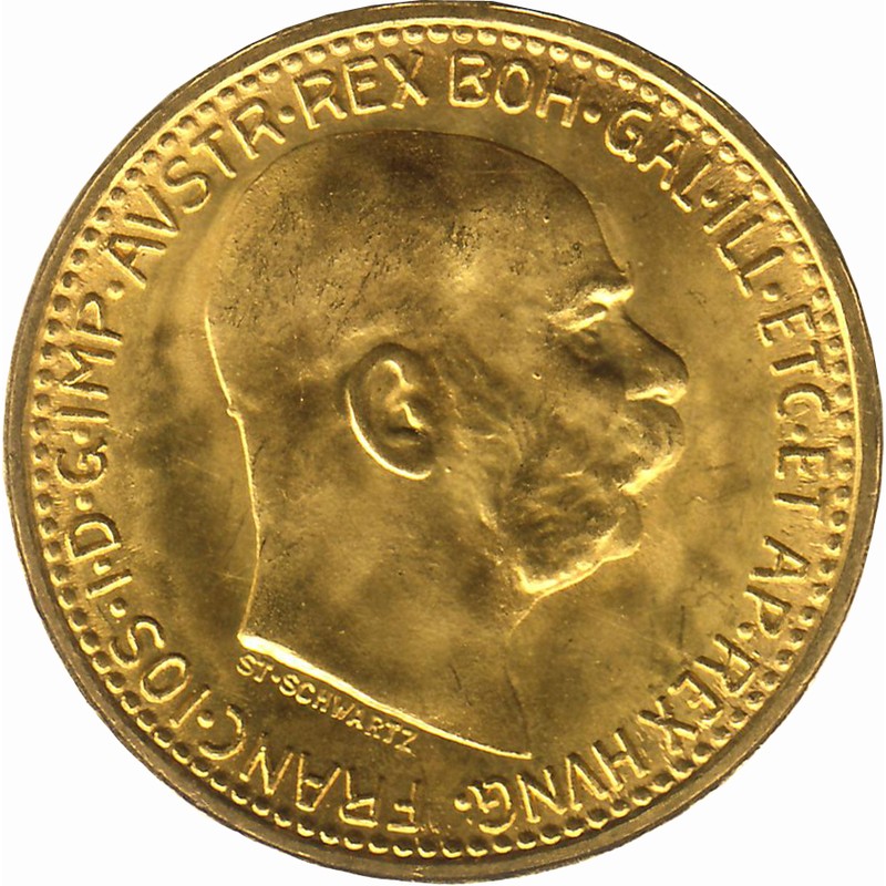 Золотая монета Австрии «10 крон Франц Иосиф» (1892 - 1912 г.г), 3.05 г чистого золота (проба 0.900)