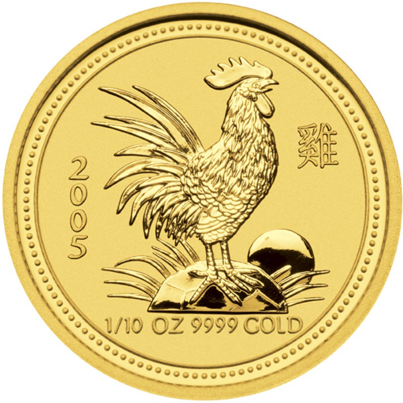 Золотая монета Австралии «Год Петуха» 2005 г.в., 3.11 г чистого золота (проба 0.9999)